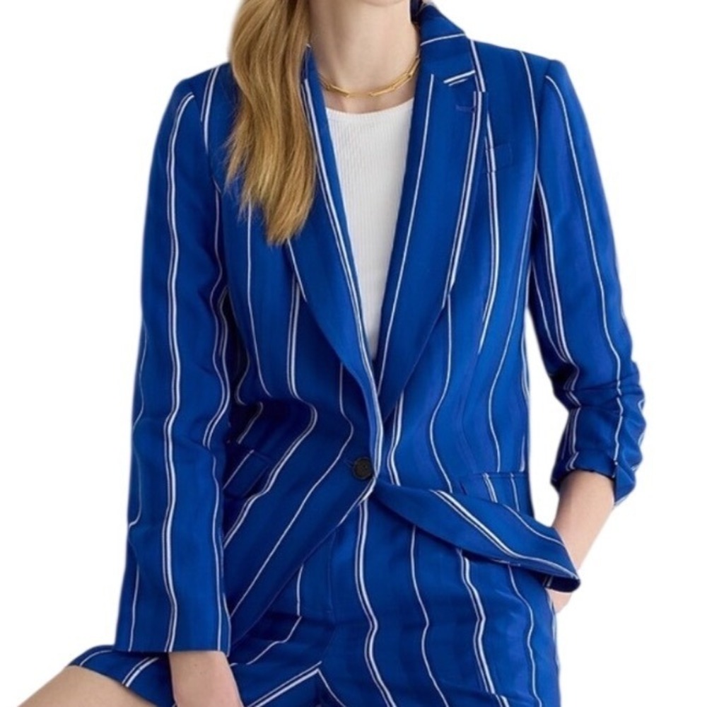 J.Crew Women's Collection Alfie Blazer Striped Jacquard Blue Pinstripe Size 12